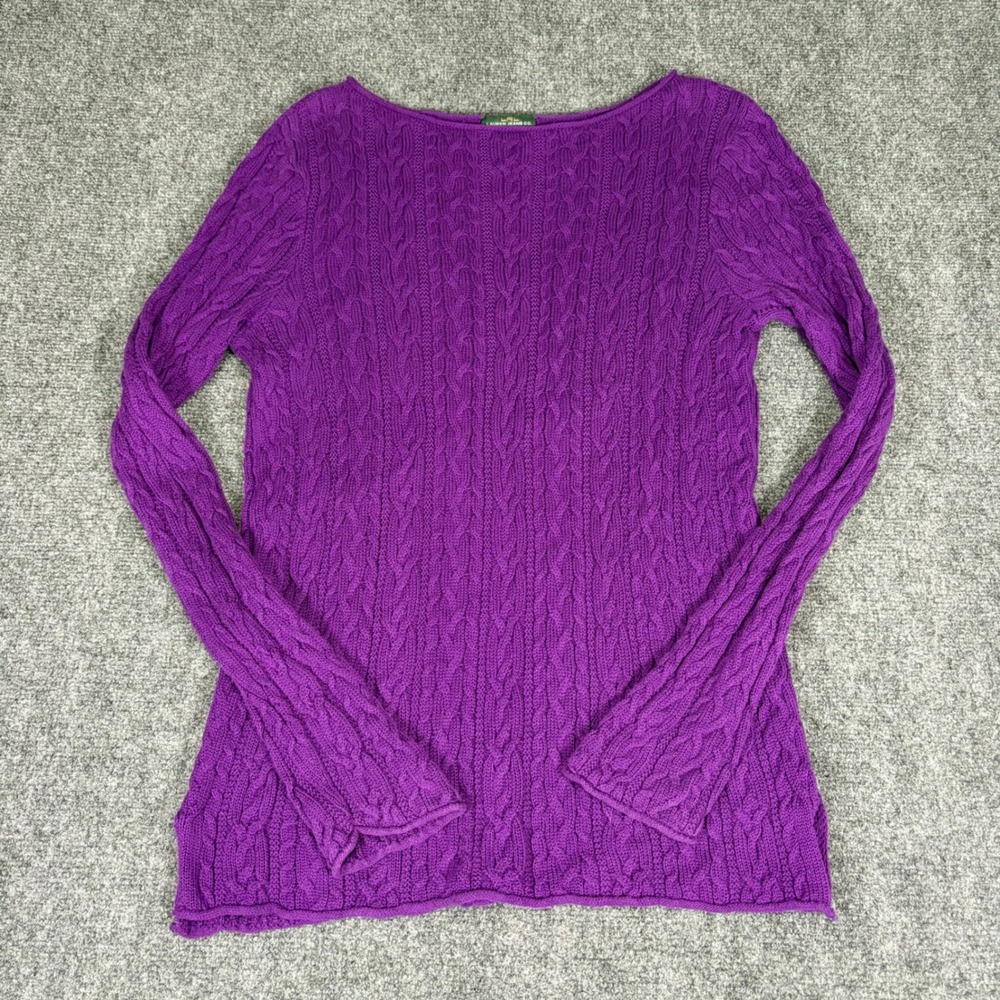 Lauren Ralph Lauren Purple Cable Knit Cotton Sweater XL Boat Neck Long Sleeve
